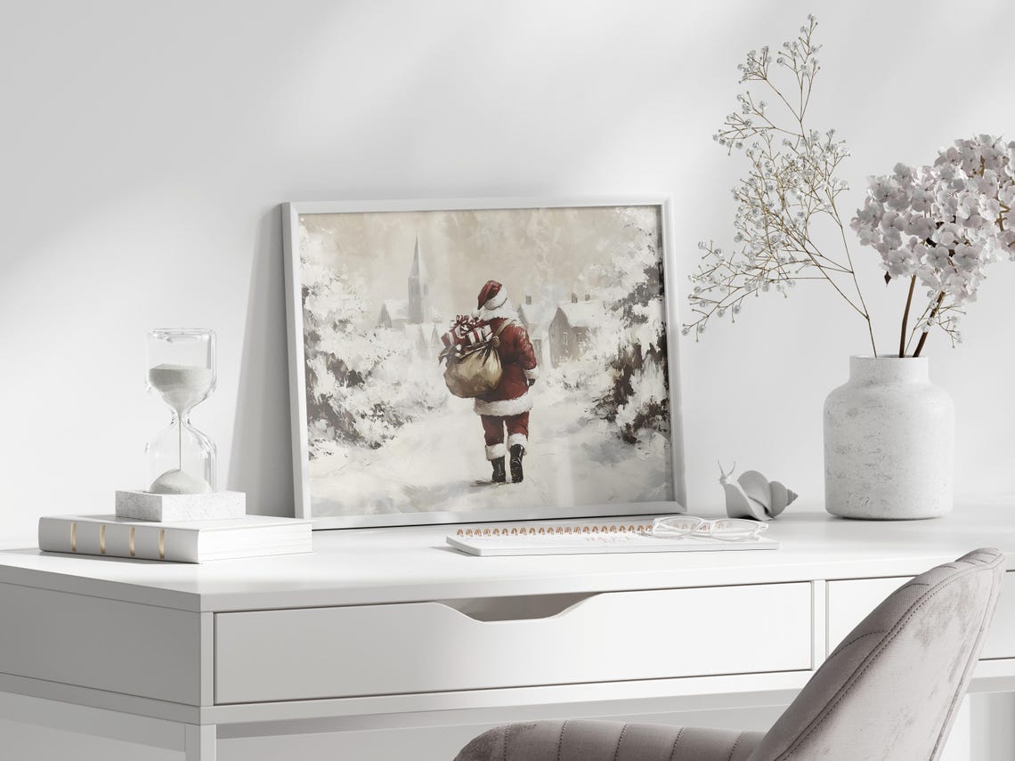 Santa Claus Carrying Gifts Into Snowy Village Winter Scene Poster - Image 5