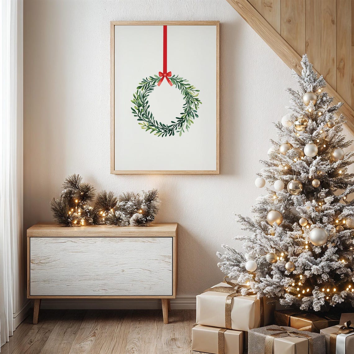 Minimalist Green Foliage Wreath With Red Ribbon Christmas Poster - Image 2