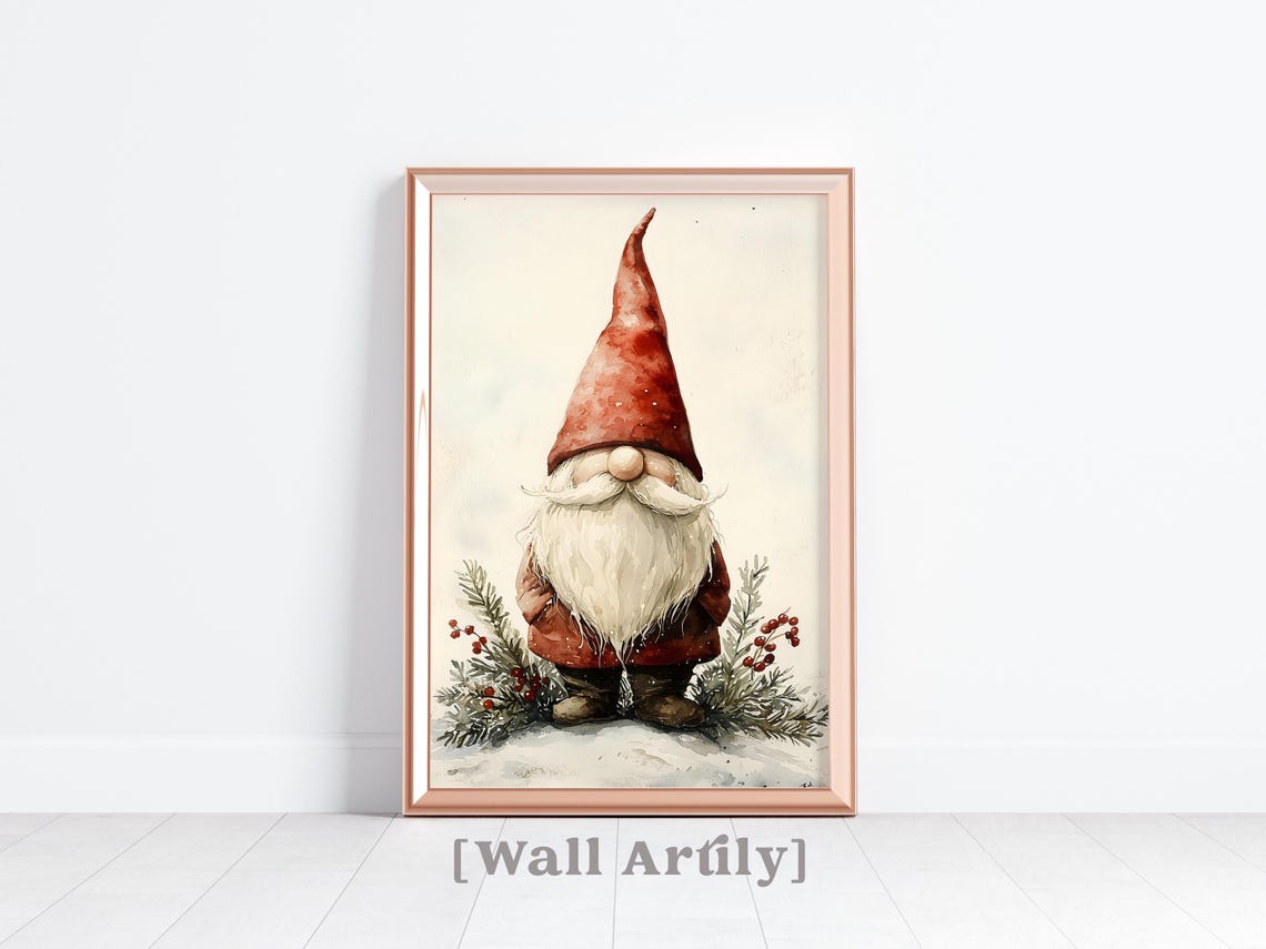 Christmas Gnome Watercolor Tall Red Hat Pine Holiday Art Poster - Image 3
