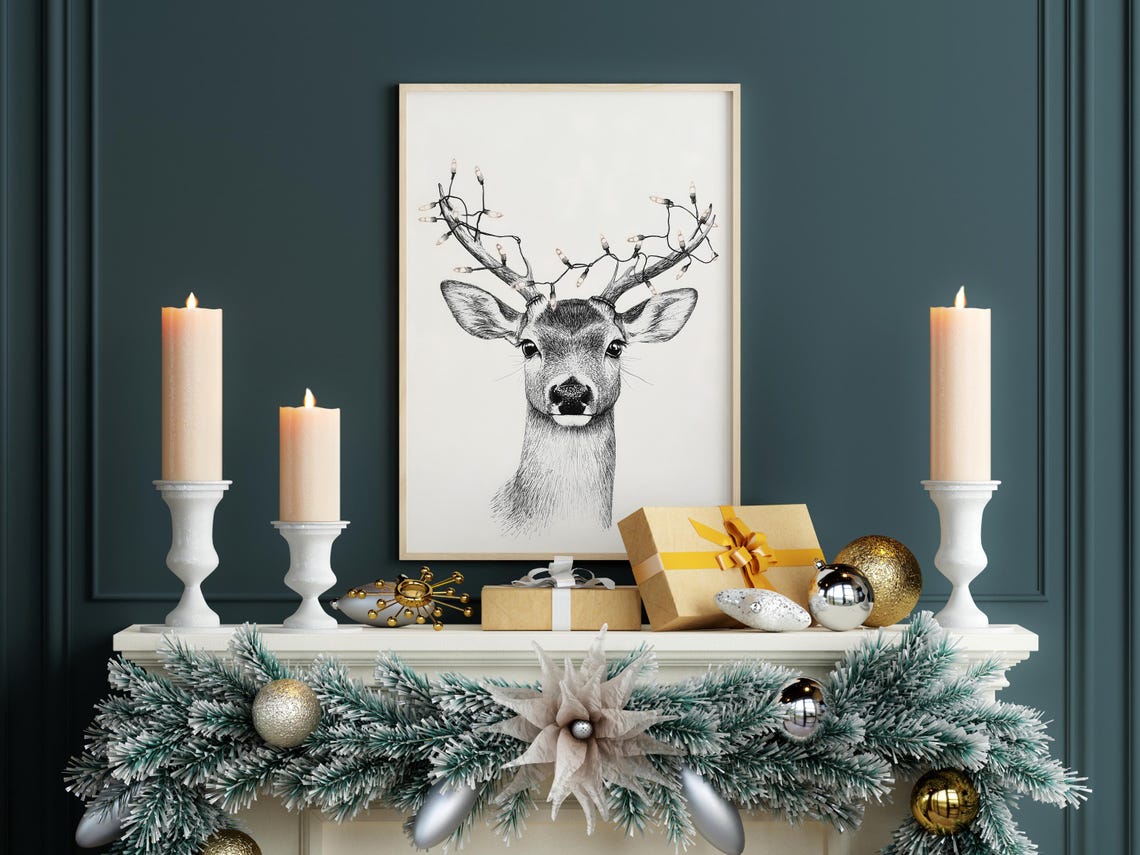 Reindeer Portrait With Fairy Lights On Antlers Ink Drawing Poster - Image 7