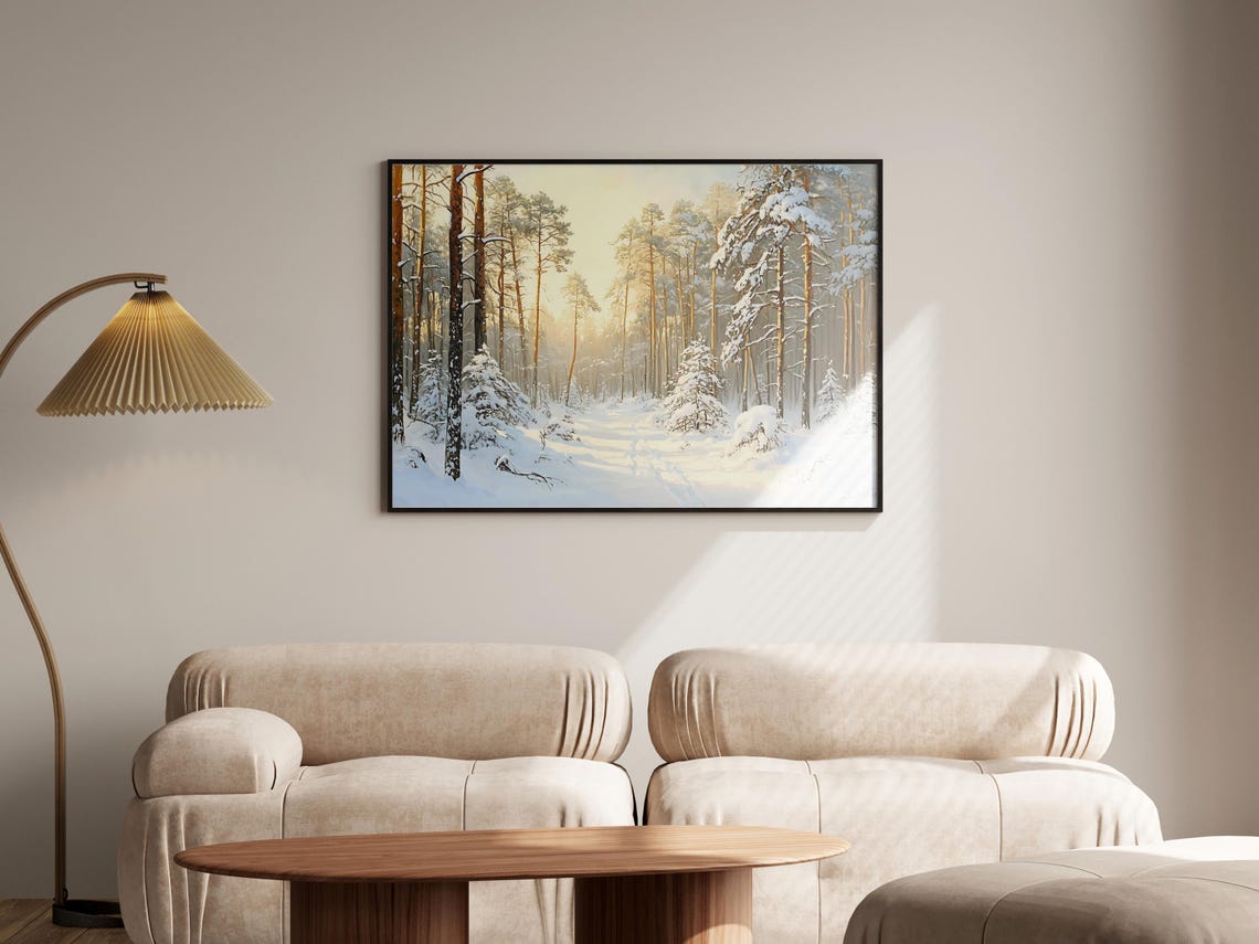 Snowy Pine Forest Golden Morning Light Winter Landscape Poster - Image 3