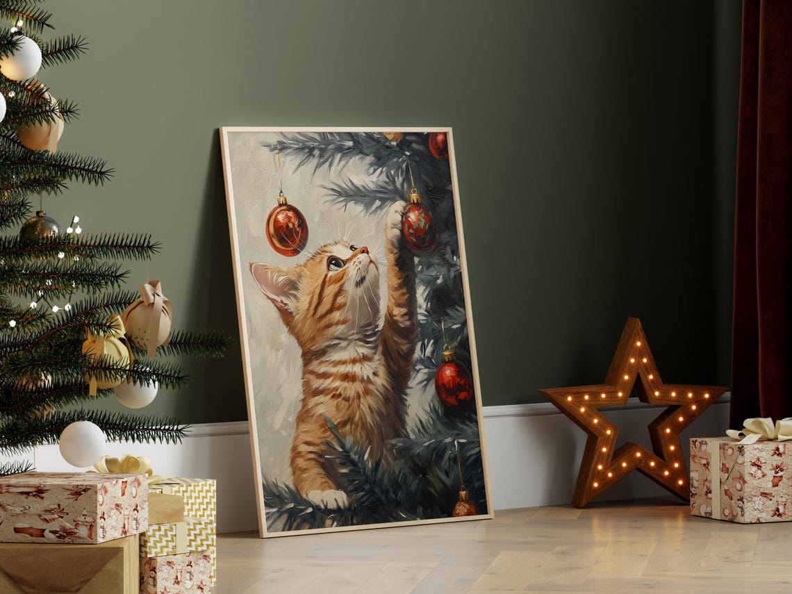Curious Cat Reaching For Christmas Ornaments Close Up Poster - Image 3