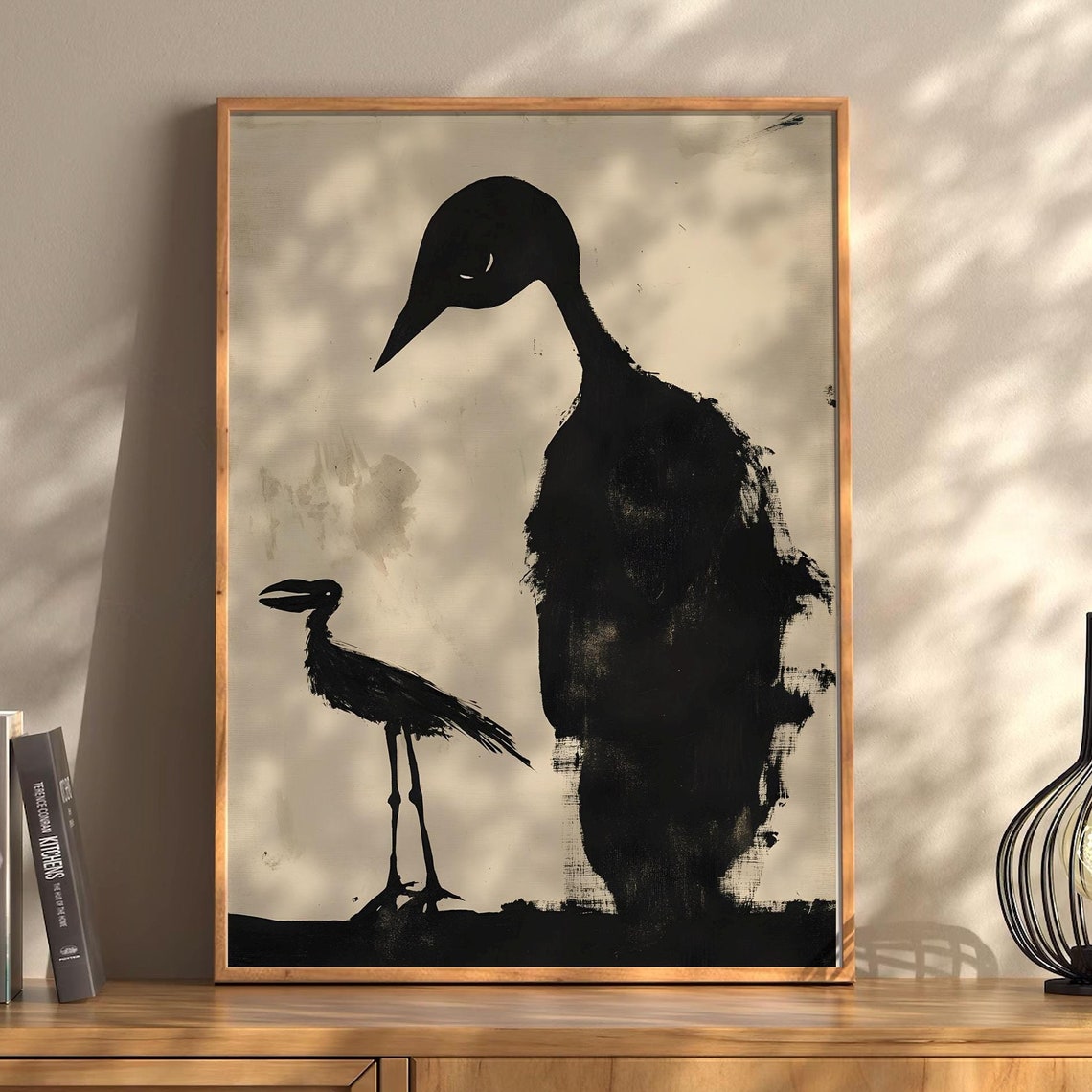 Black Ink Birds Abstract Two Crows Minimalist Ink Wash Poster