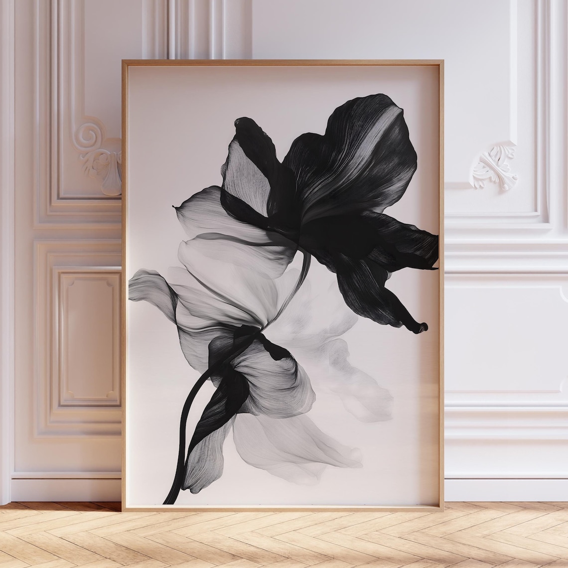 Black White Abstract Flower Ink Minimalist Botanical Art Poster
