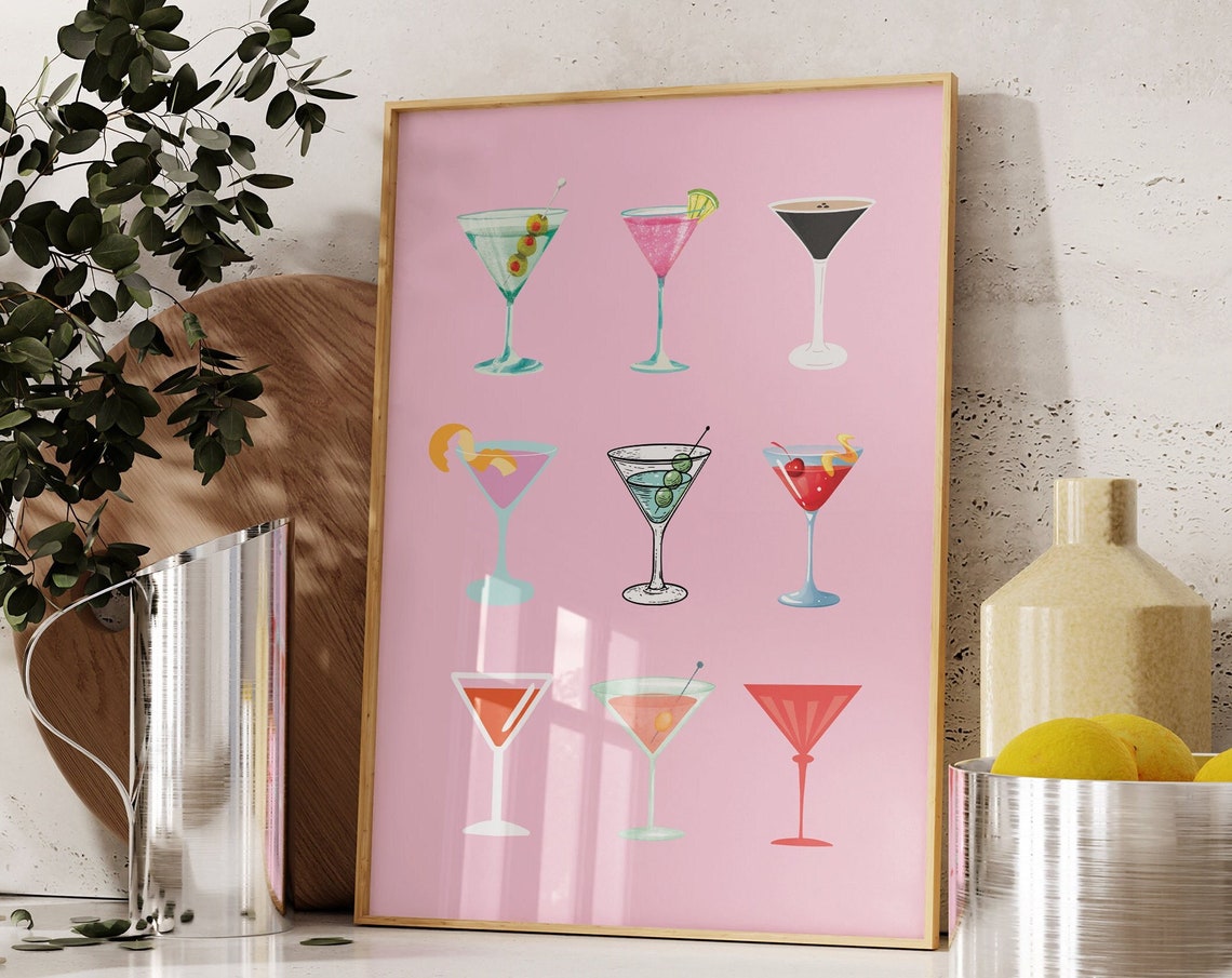 Aesthetic Retro Martini Posterpreppy Girly Bar Cart Artpreppy Posterstrendy Wall Artcocktails Artbar Cart Artvintage Liquor Poster Art