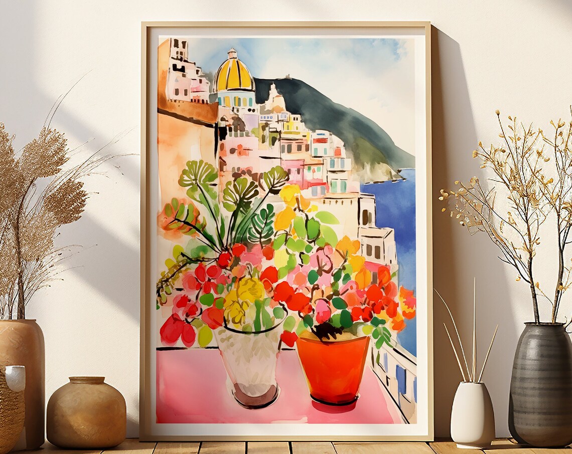 Colorful Flowers Italian Coastline Watercolor Art Print