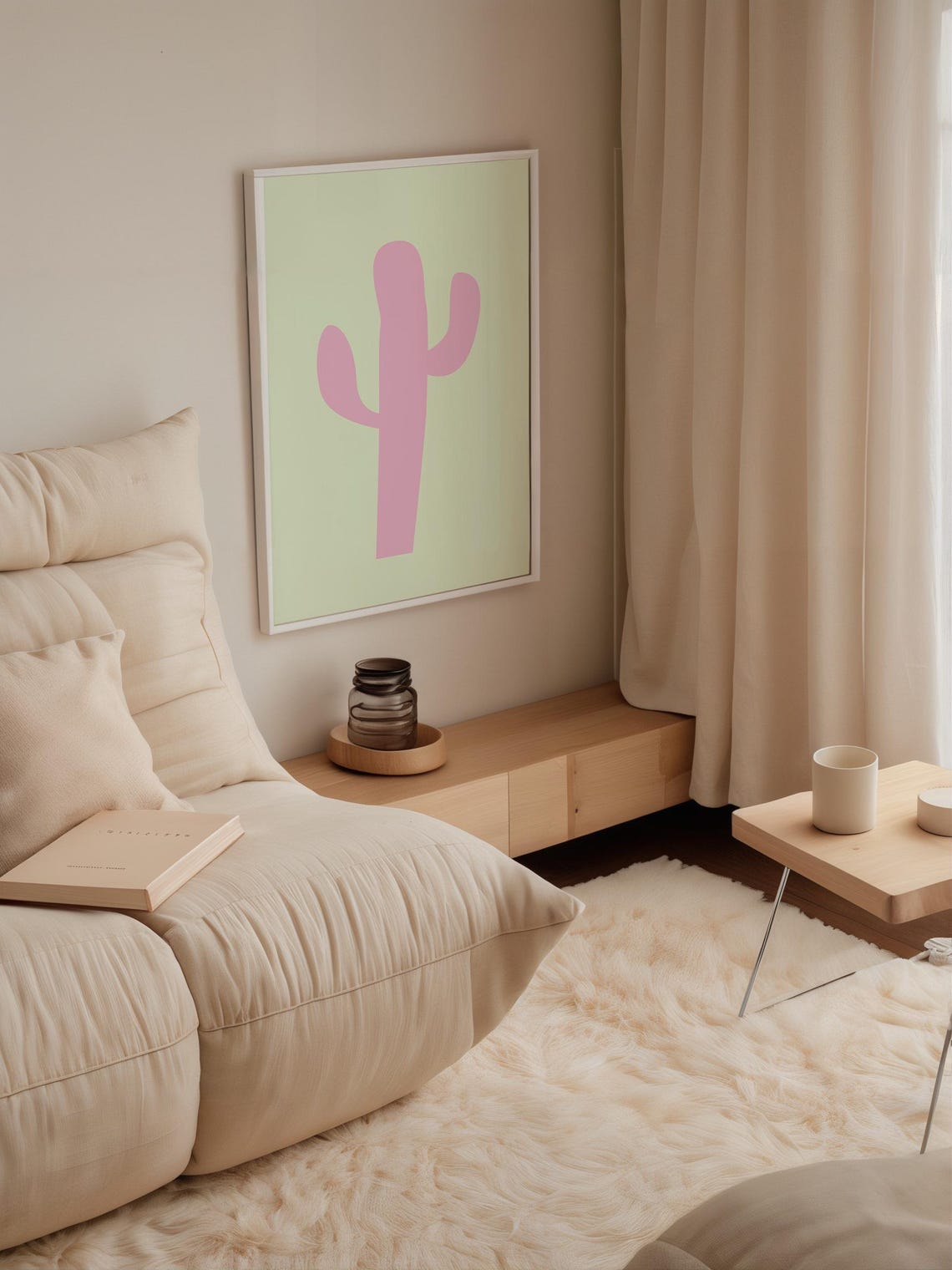 Pink Cactus On Sage Green Minimalist Boho Botanical Art Print