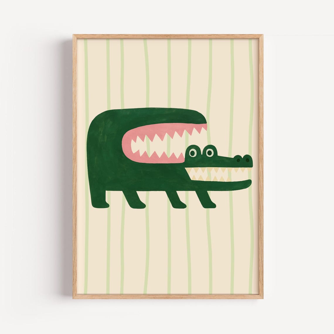 Funny Green Crocodile Striped Background Safari Nursery Poster