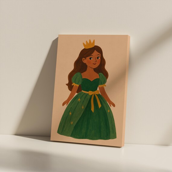 Brunette Princess in Green Gown with Gold Crown Storybook Art Poster