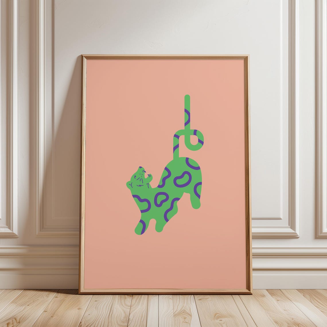 Playful Green Jungle Cat Hanging By Its Tail Kids Room Wall Art