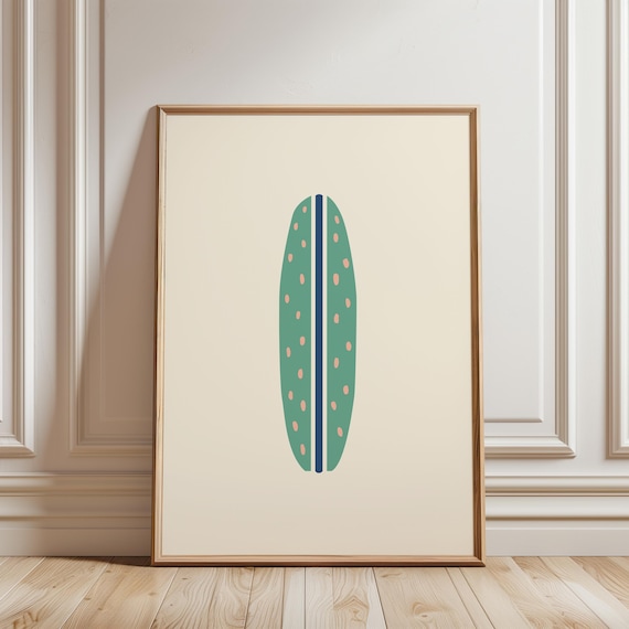 Minimalist Green Surfboard Print Modern Beach Decor Coastal Style Art