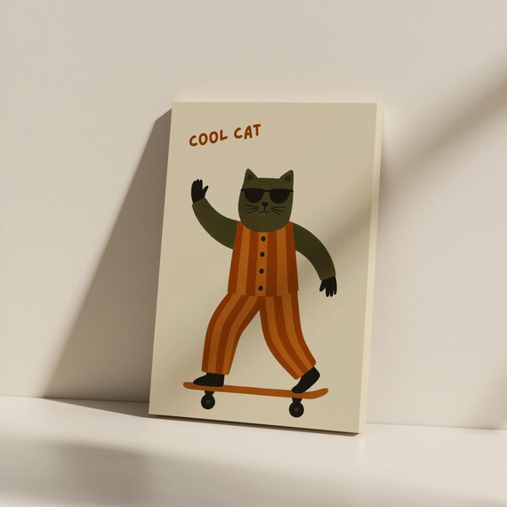 Cool Cat Skateboarder Funny Cartoon Animal Kids Room Wall Art