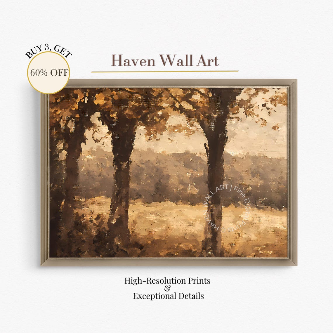 Sepia Autumn Trees Wall Art With Misty Field And Falling Leaves
