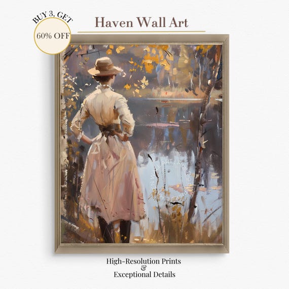 Bold Autumn Woman By The Lake Vintage Impressionist Art Feminine Power Fall Decor Female Print Girl Poster Pal117
