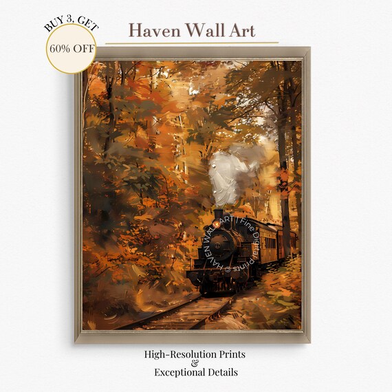 Steam Train Golden Autumn Forest Railway Oil Painting Poster