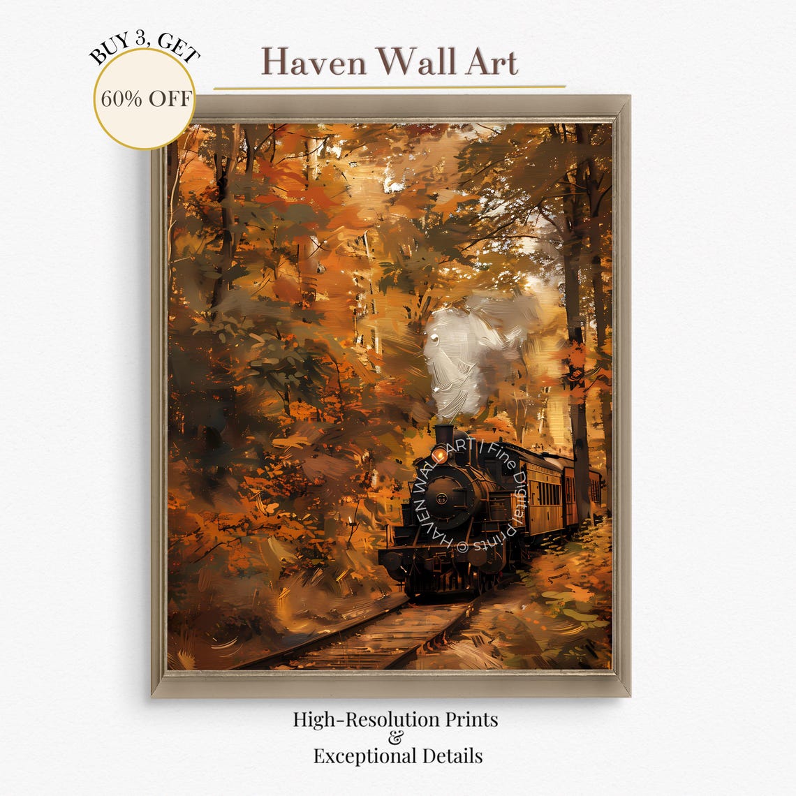 Steam Train Golden Autumn Forest Railway Oil Painting Poster