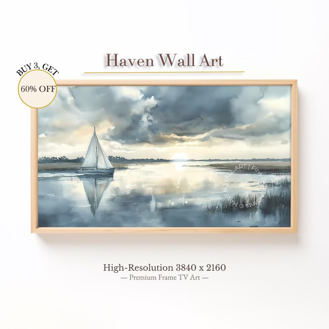 Sunset Sailboat Watercolor Painting Calm Lake Reflection Art Poster