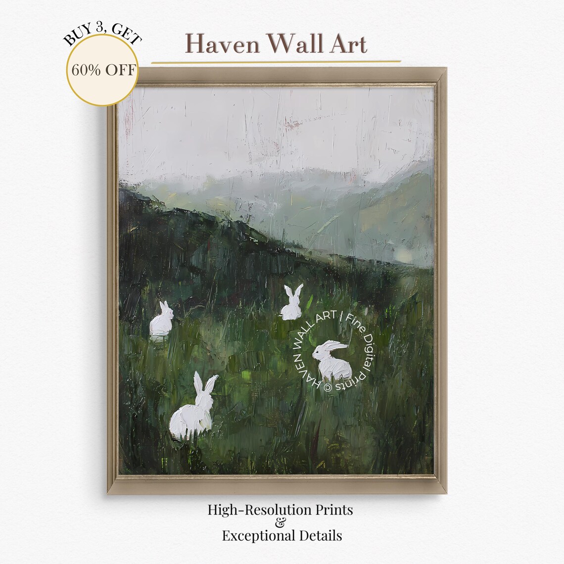 White Bunnies in Green Meadow Minimalist Oil Painting Wall Art