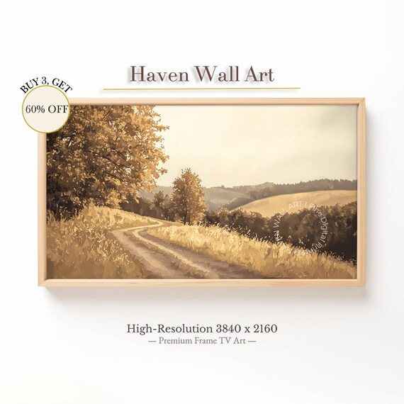 Golden Autumn Country Road Through Fields Frame TV Art Poster