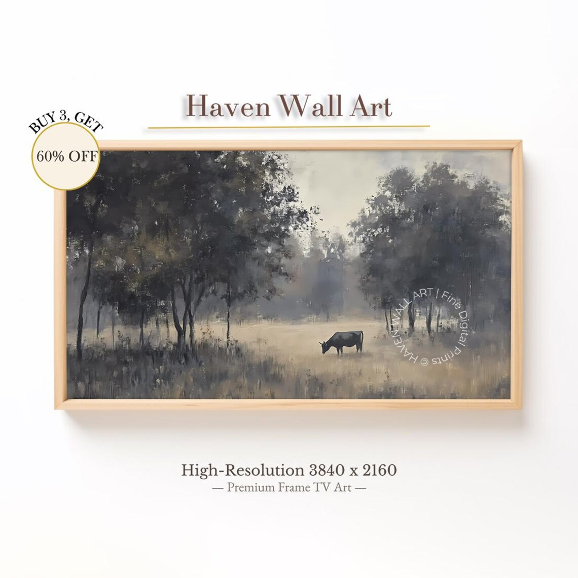 Lone Cow Misty Forest Tonalist Vintage Farm Animal Painting Poster