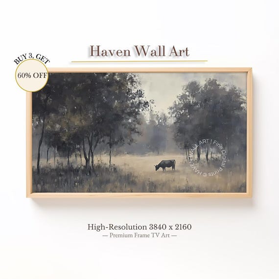 Moody Autumn Cow Pasture Frame Tv Art Misty Forest Samsung Artwork Vintage Fall Landscape For Tal029