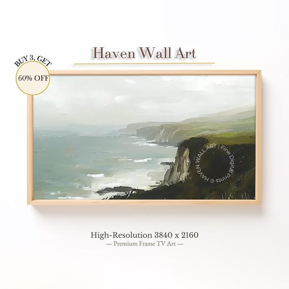 Soft Coastal Cliffs Samsung Frame Tv Art Summer Misty Landscape Painting Moody Ocean Cliffside Wall Tub061