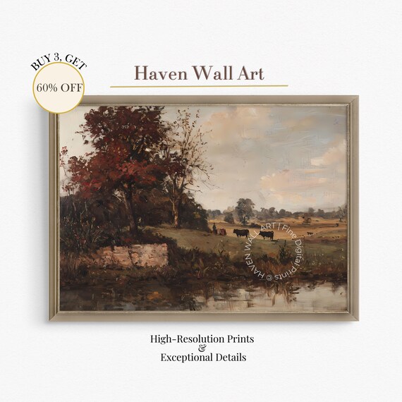 Thanksgiving Farm Landscape Cows by Pond Rustic Fall Field Wall Art