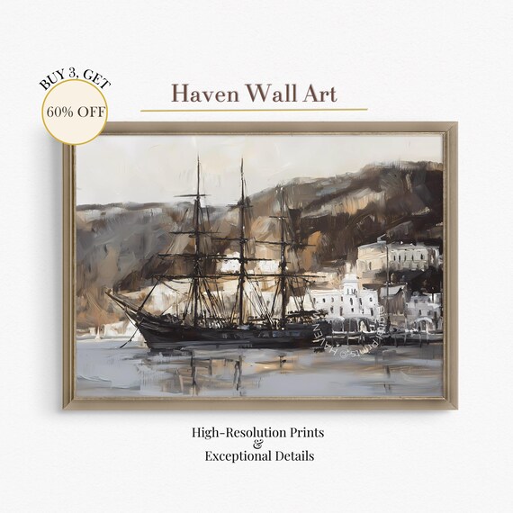 Tall Ship in Harbor Vintage Maritime Nautical Oil Painting Poster