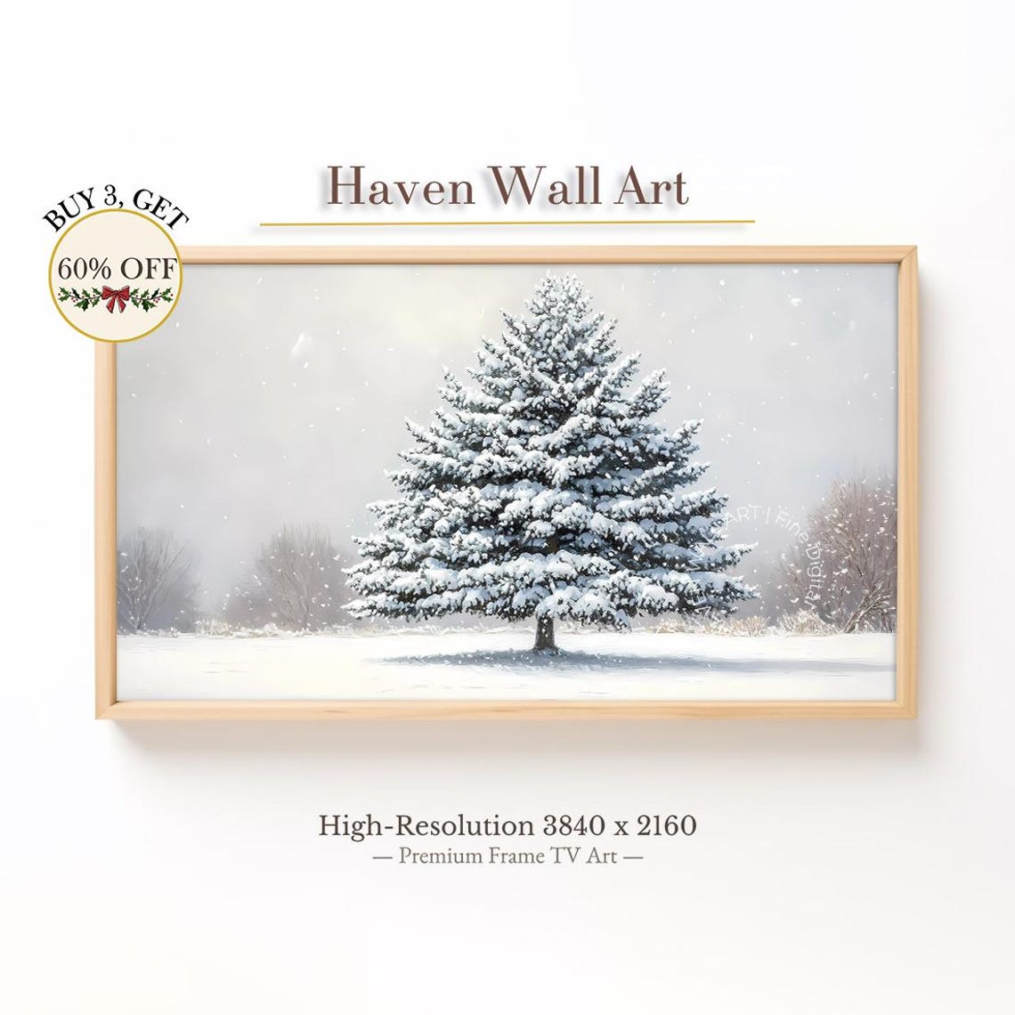 Soft Calm Snow Covered Evergreen Tree Falling Snow Art Poster
