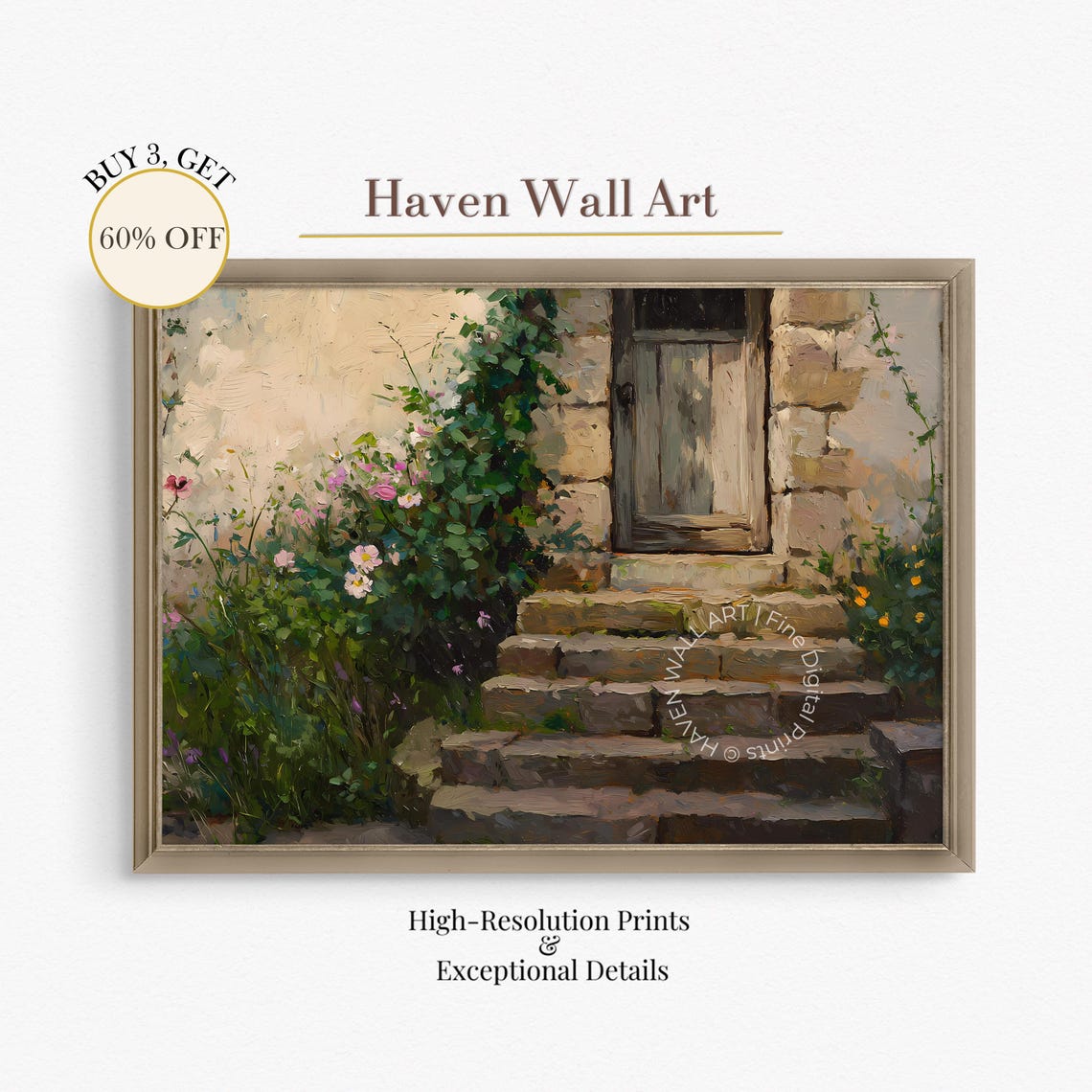 Rustic Stone Steps to Weathered Wooden Door Cottage Entryway Art Print