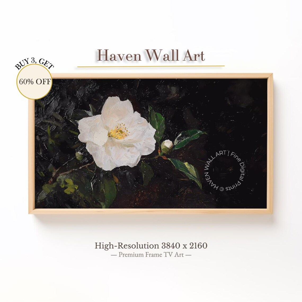 White Camellia Dark Background Moody Floral Oil Painting Poster