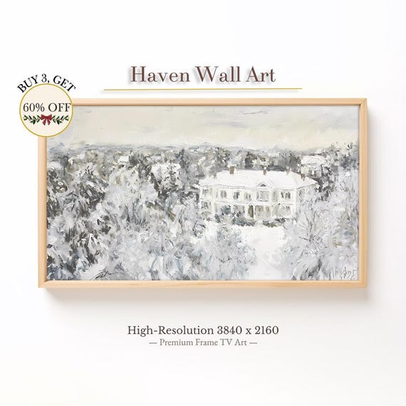 Winter Mansion Serenity Snowcovered Estate Scene Samsung Frame Tv Art Rustic Farmhouse Decor Cozy Wall Twl031