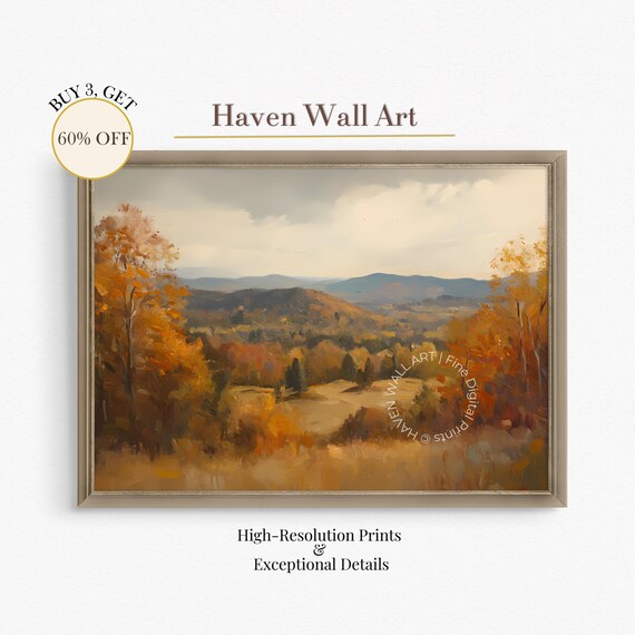 Vintage Autumn Hills Layered Countryside Fall Foliage Landscape Wall Art