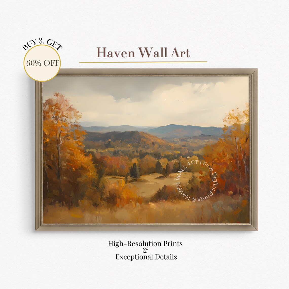 Vintage Autumn Hills Layered Countryside Fall Foliage Landscape Wall Art