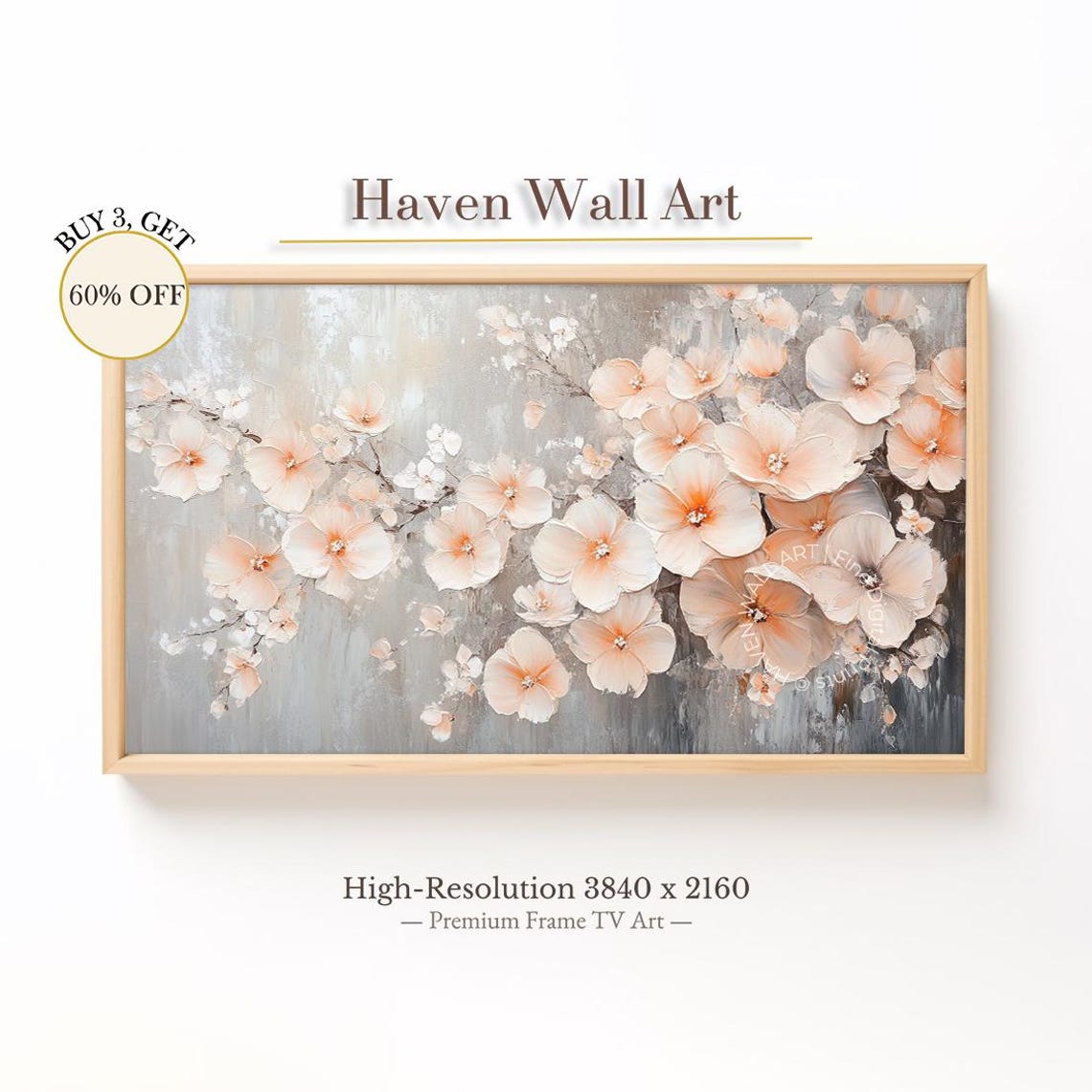 Peach Blossom Branches on Grey Textured Floral Painting Poster