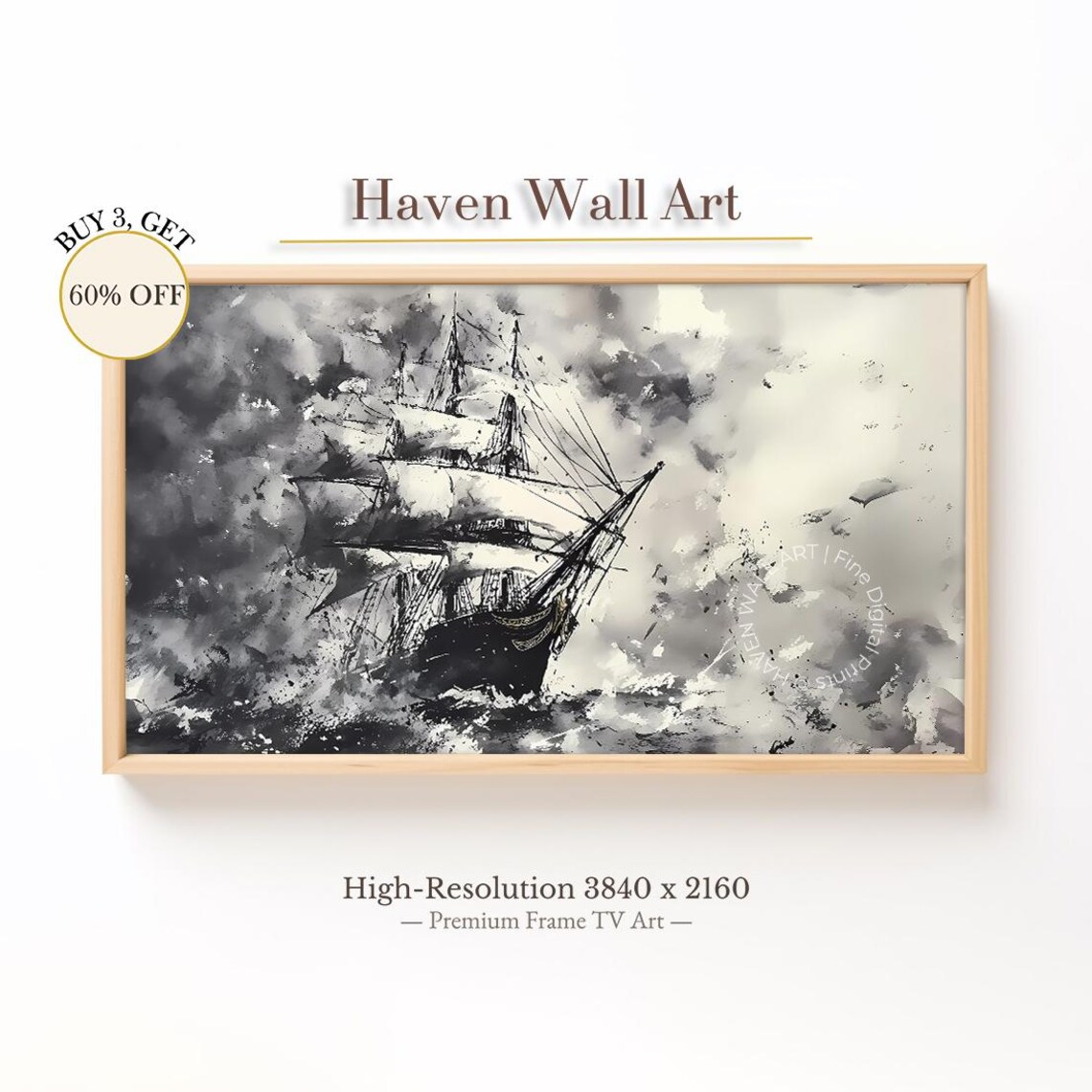Tall Ship Battling Stormy Seas Black Ink Sketch Nautical Ocean Poster