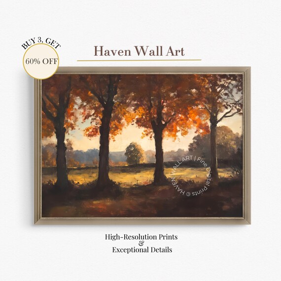 Vintage Autumn Trees Print With Orange Foliage Over Golden Meadow