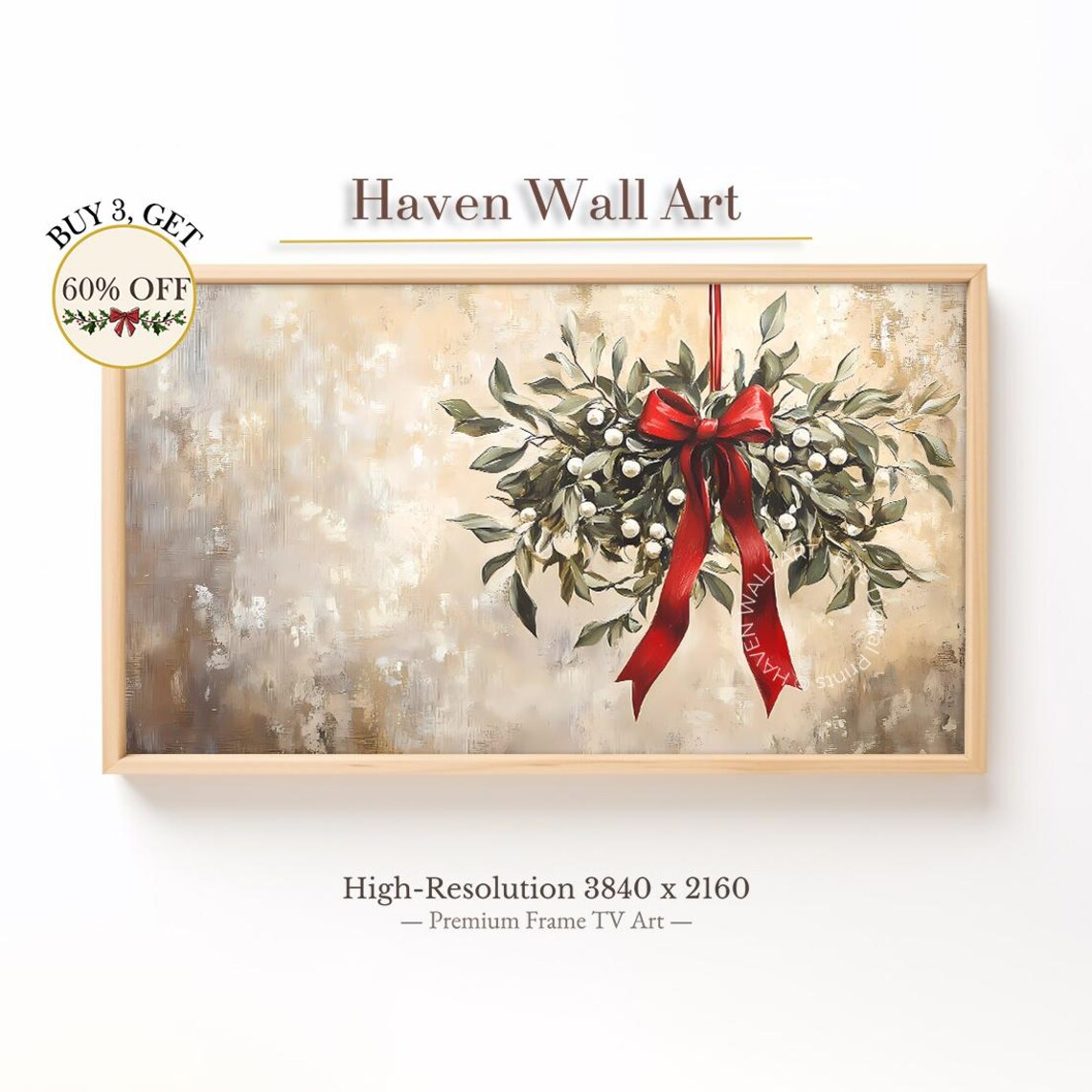 Mistletoe Wreath Red Bow Vintage Christmas Holiday Art Poster