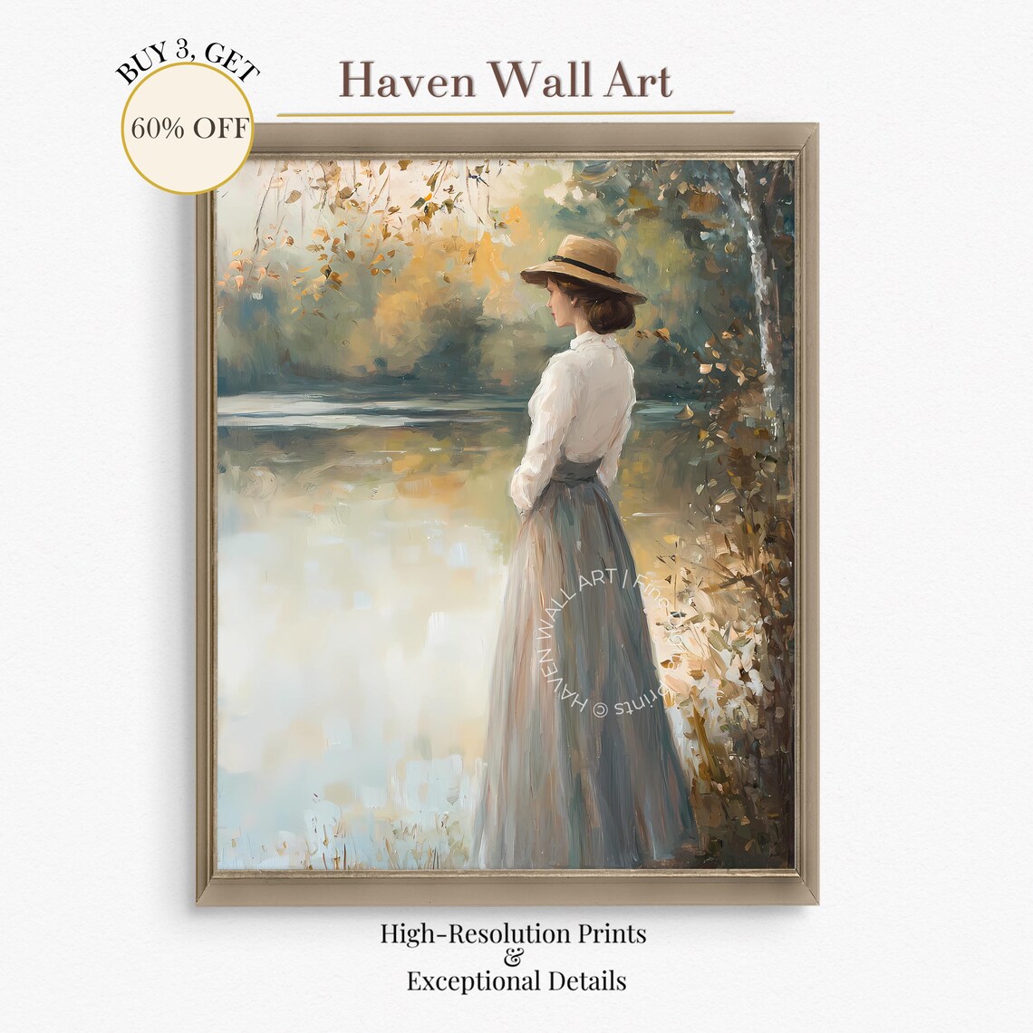 Romantic Autumn Lady at Lakeside Vintage Dress Oil Painting Wall Art