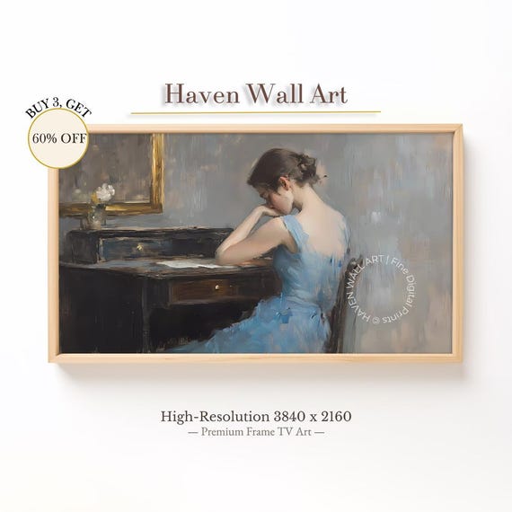 Vintage Lady In Blue Writing Desk Tv Art Summer Frame Portrait Moody Romantic Samsung Tuv066
