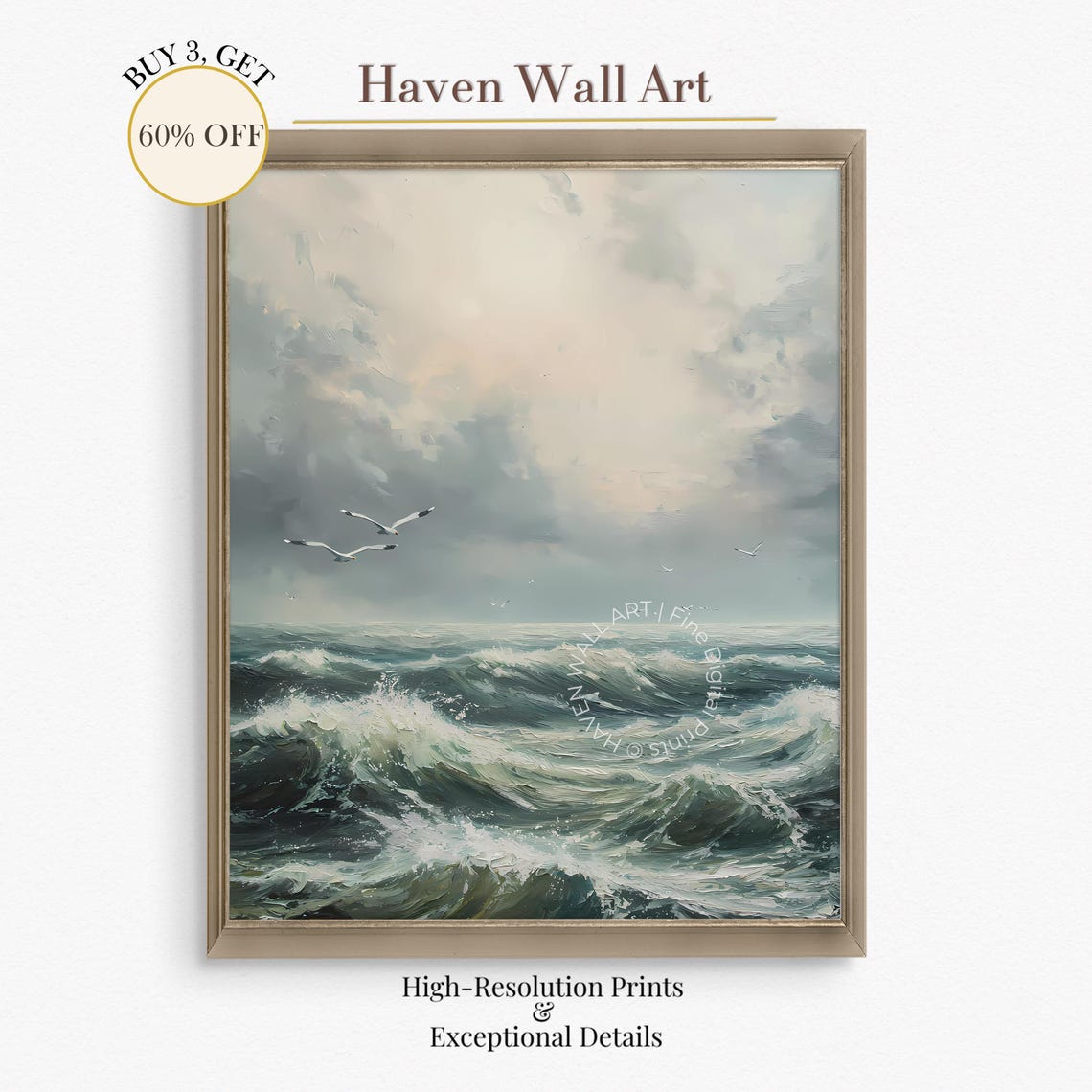 Dancing Ocean Waves Seagulls Dramatic Cloudy Sky Seascape Art Poster