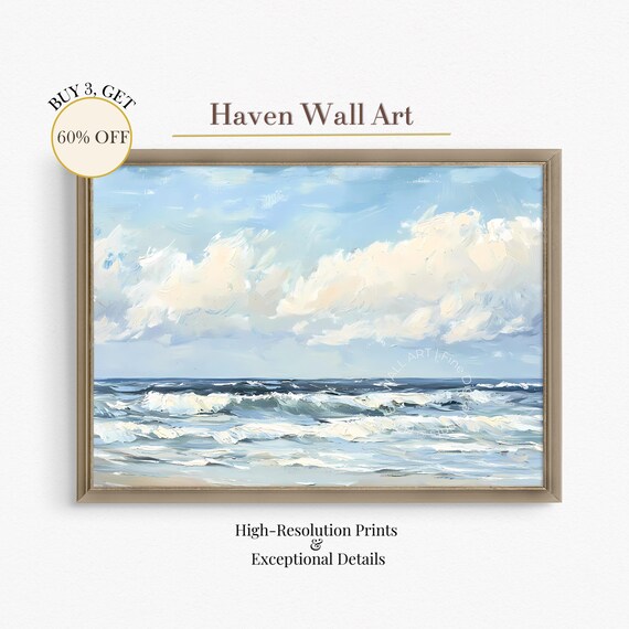 Summer Ocean Waves Fluffy Clouds Blue Sky Bright Seascape Wall Art