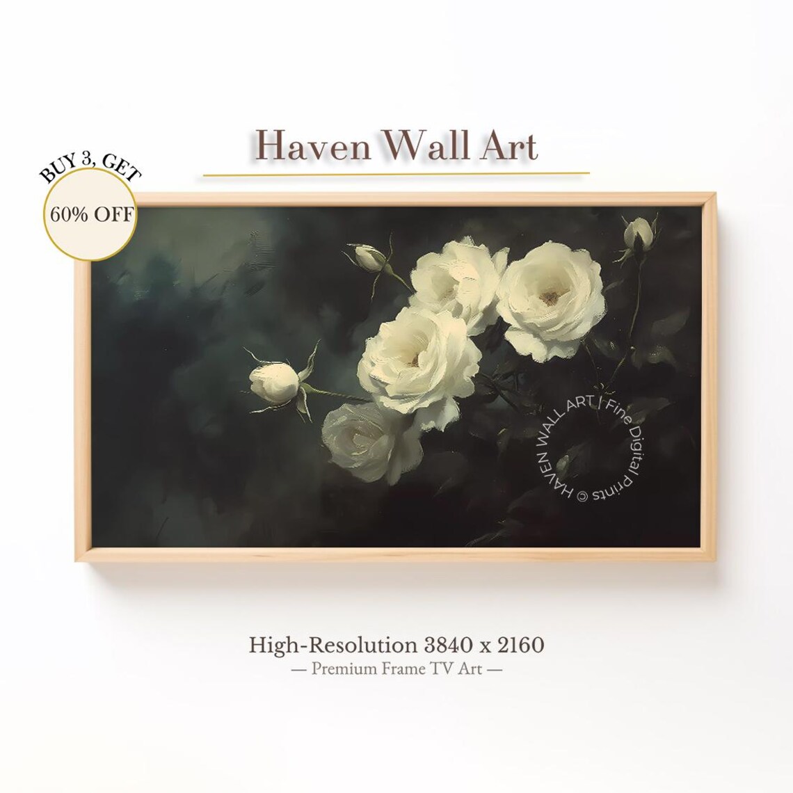 White Roses on Dark Moody Background Vintage Botanical Floral Poster