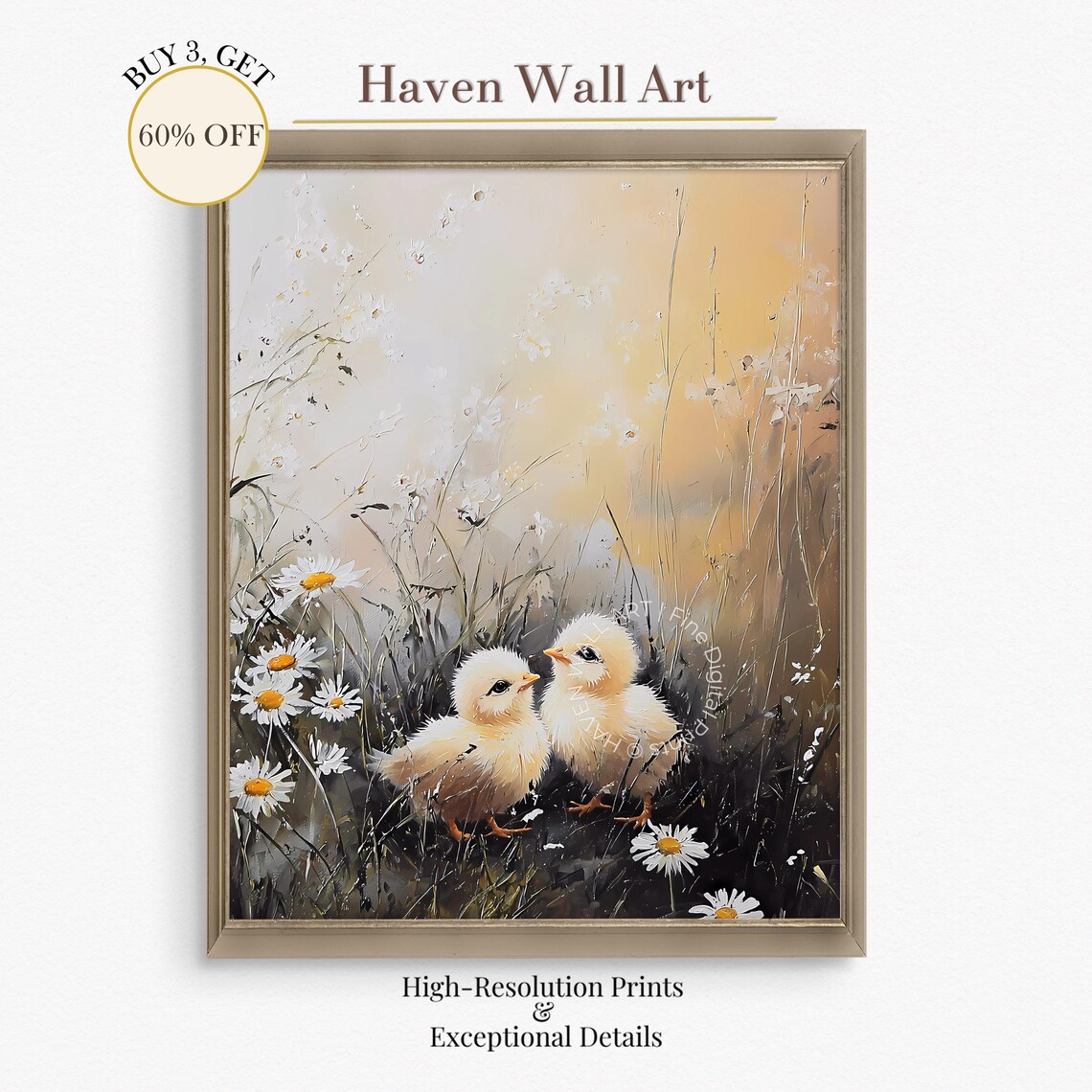 Two Fluffy Baby Chicks Among Daisies Spring Farmhouse Art Poster