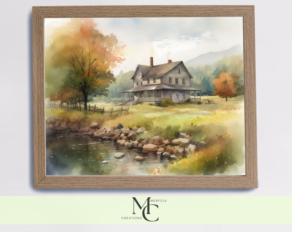 Farmhouse Porch by a Rocky Creek in Autumn Watercolor Landscape Poster