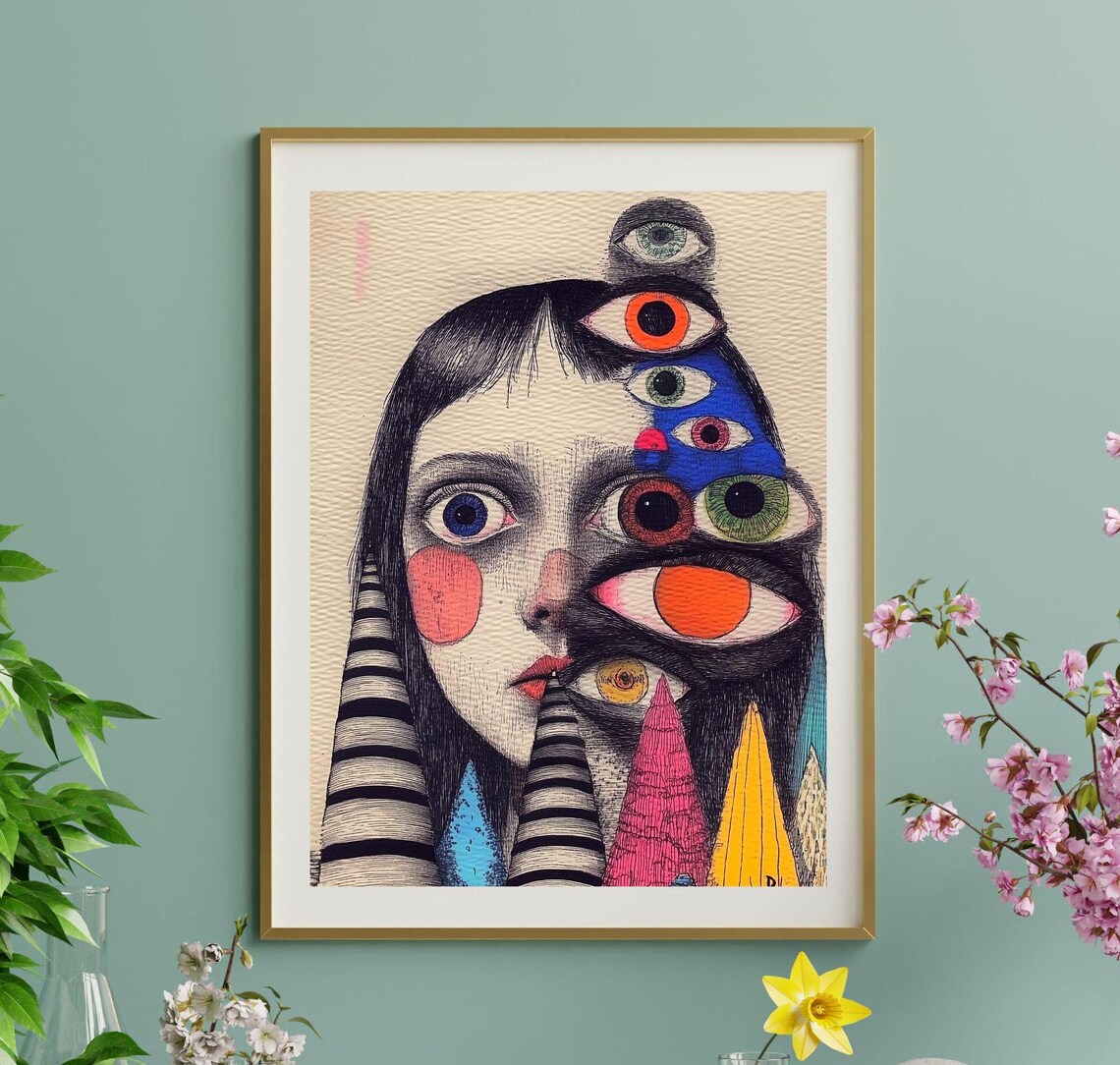 Surreal Multi Eyed Girl Illustration Colorful Eye Pattern Art Poster