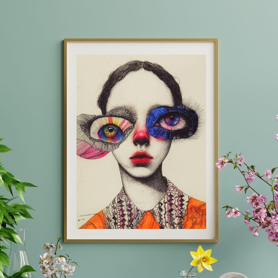 Woman Sketch Oversized Rainbow Eyes Surreal Ink Portrait Art Print