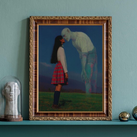 Girl Facing Ghost Surreal Dark Fantasy Night Field Poster Art