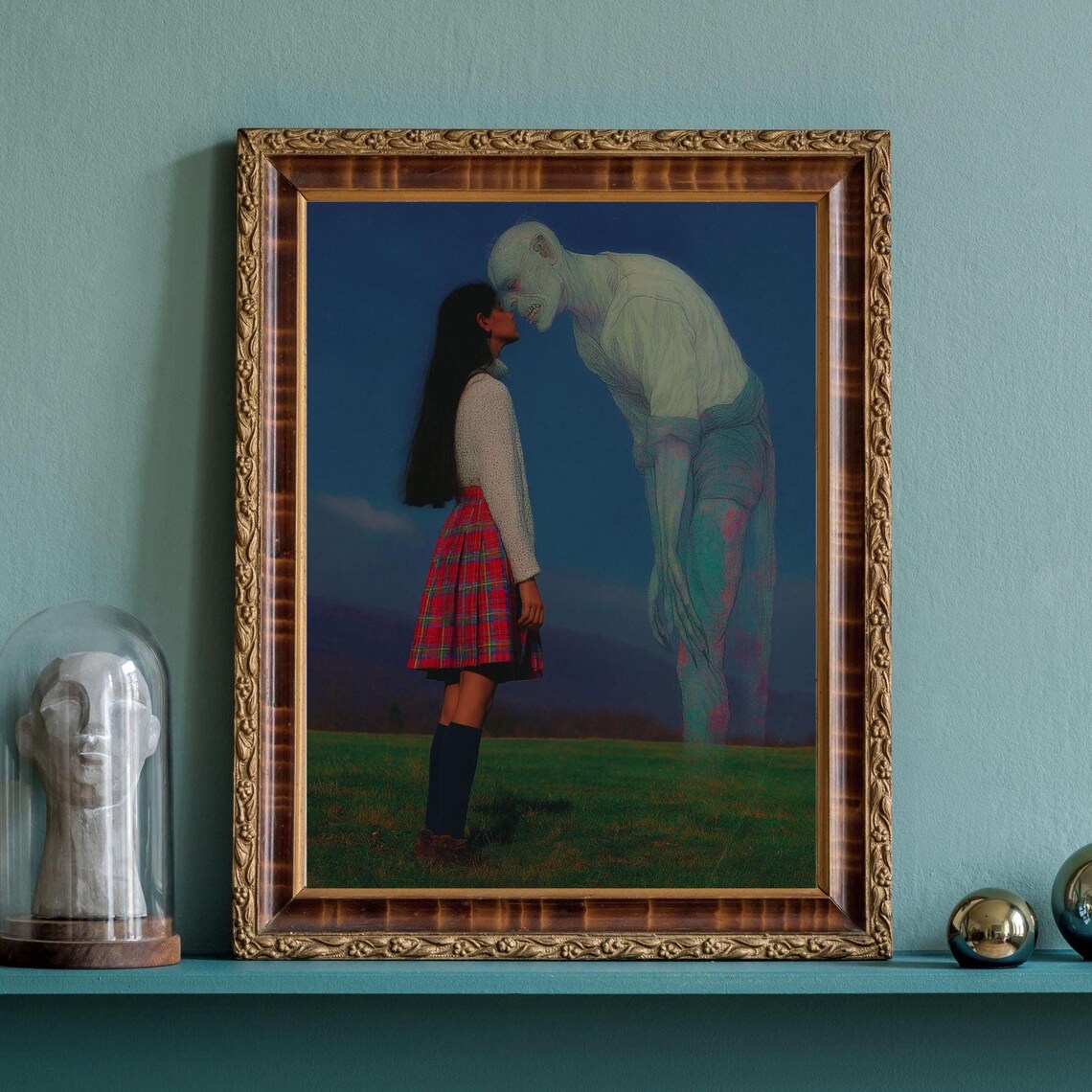 Girl Facing Ghost Surreal Dark Fantasy Night Field Poster Art