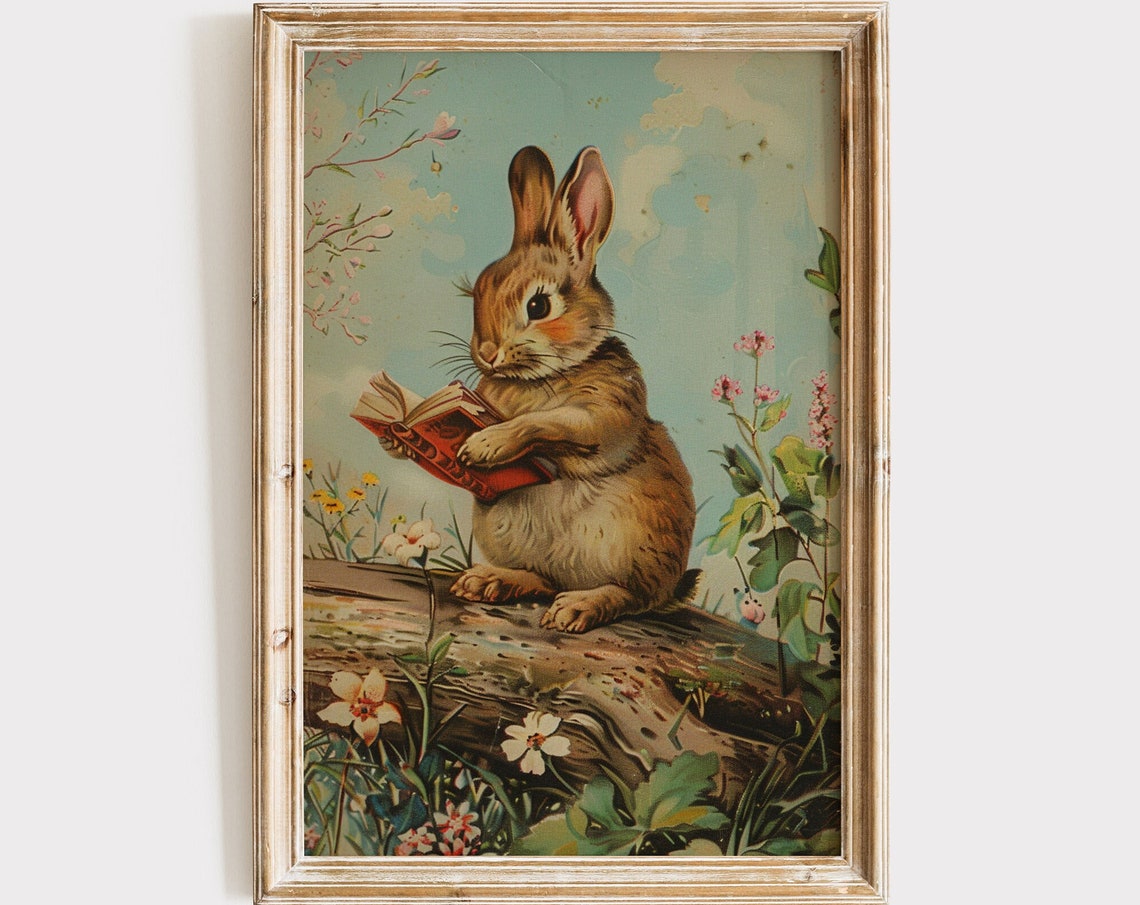 Rabbit Reading a Book Vintage Easter Bunny Illustration Art Print